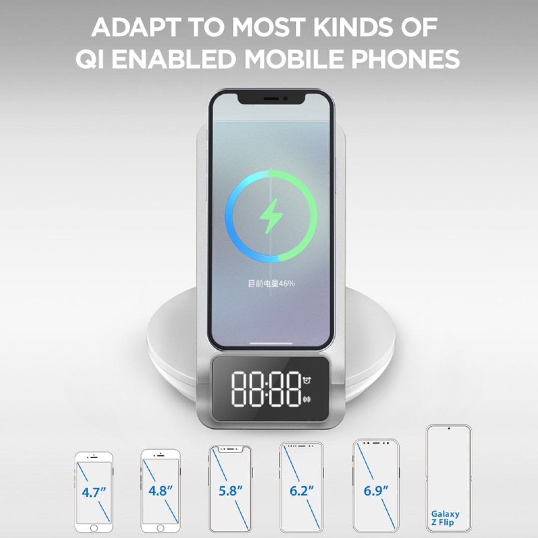 Беспроводное зарядное устройство с будильником 3 в 1 Qwerty Multifunctional Desktop Wireless Charger White