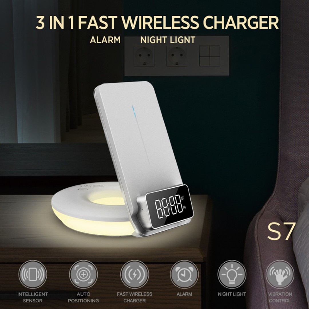 Беспроводное зарядное устройство с будильником 3 в 1 Qwerty Multifunctional Desktop Wireless Charger White