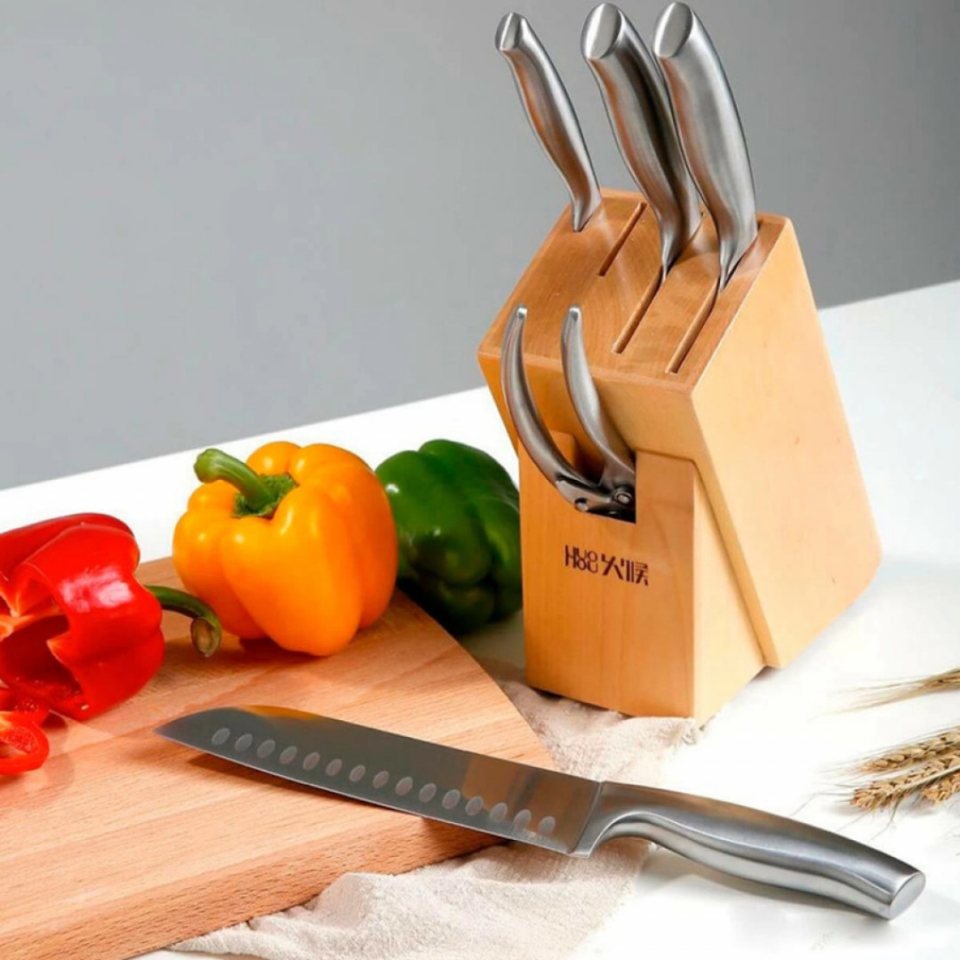 Набор стальных ножей Xiaomi Huo Hou 6-Piece Stainless Steel Kitchen Knife Set (4 ножа + ножницы + подставка) (HU0014)