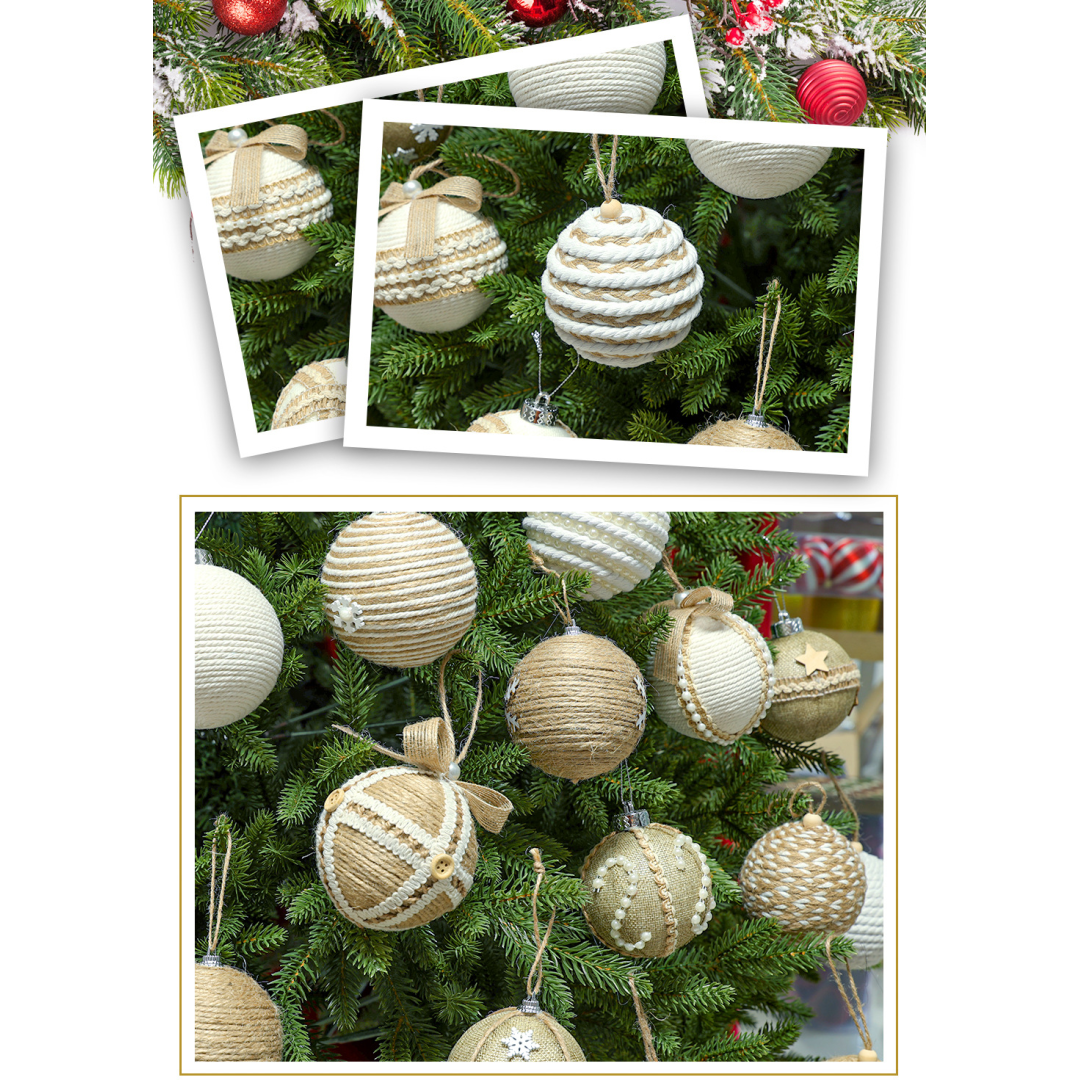 Елочный шар из джута и хлопка с бусинами, 8 см