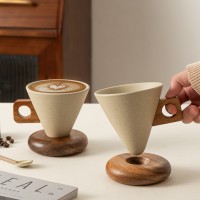 Кофейная пара, керамическая чашка с блюдцем из дерева, 250 мл